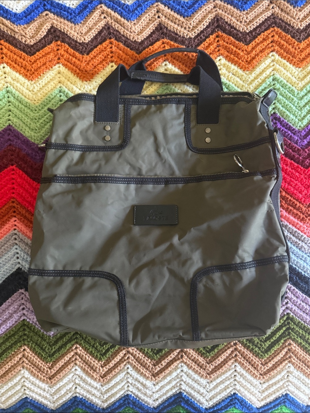 Lacoste Men's Olive Green Nylon Tote Bag with Black Trim